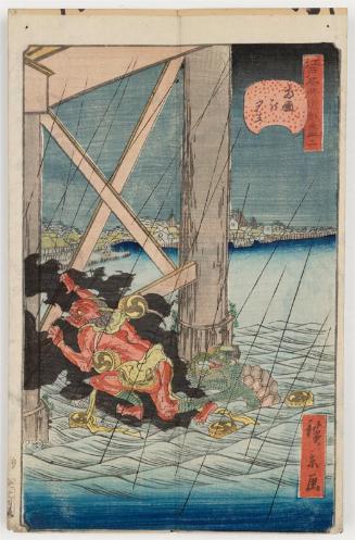 No. 2, Shower at Ryôgoku Bridge (Ryôgoku no yûdachi), from the series Comical Views of Famous Places in Edo (Edo meisho dôke zukushi)
