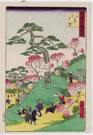 Cherry Blossoms in Full Bloom at Nippori (Sakari-chû Nippo no sato), from the series Famous Places in Tokyo (Tôkyô meisho zue)
