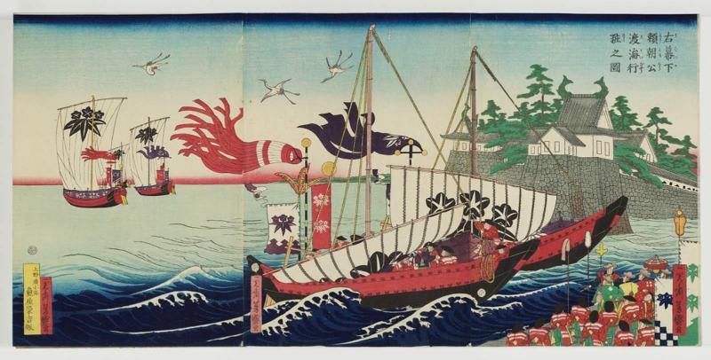 The Entourage of of Lord Yoritomo, Minister of the Right, Crossing the Sea (Ubakuka Yoritomo kô tokai gyôsô no zu)