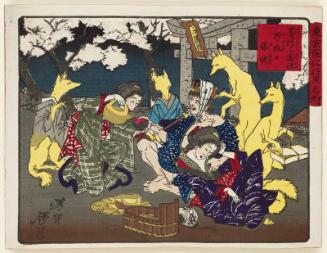 Bewitching Foxes at the Mimeguri Shrine on the Sumida Embankment (Sumida-zutsumi Mimeguri yashiro nogitsune no yukai), from the series Famous Places and Humorous Images of Modern Life in Tokyo (Tôkyô kaika kyôga meisho)