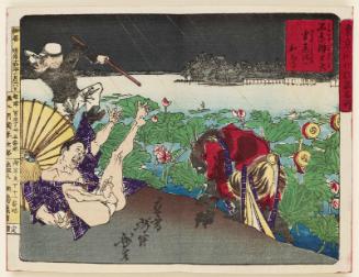 At Shinobazu Benten Shrine, the Thunder God Falls into the Lotus Pond (Shinobazu Benten Kaminari hasuike e ochiru), from the series Famous Places and Humorous Images of Modern Life in Tokyo (Tôkyô kaika kyôga meisho)