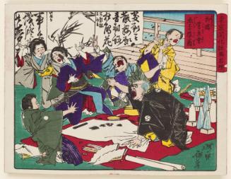 An Artist Misbehaving at a Calligraphy and Painting Party at Yanagibashi (Yanagibashi shogakai gakô no rôseki), from the series Famous Places and Humorous Images of Modern Life in Tokyo (Tôkyô kaika kyôga meisho)
