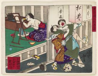 Archery Parlor Attendants Grabbing a Client (Like the Demon of Rashômon) at the Shinmei Shrine in Shiba (Shiba Shinmei shanai yaba onna no Rashômon), from the series Famous Places and Humorous Images of Modern Life in Tokyo (Tôkyô kaika kyôga meisho)