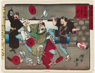A Careless Noodle Vendor at Takanawa in Shiba (Shiba Takanawa sobaya no somatsu), from the series Famous Places and Humorous Images of Modern Life in Tokyo (Tôkyô kaika kyôga meisho)