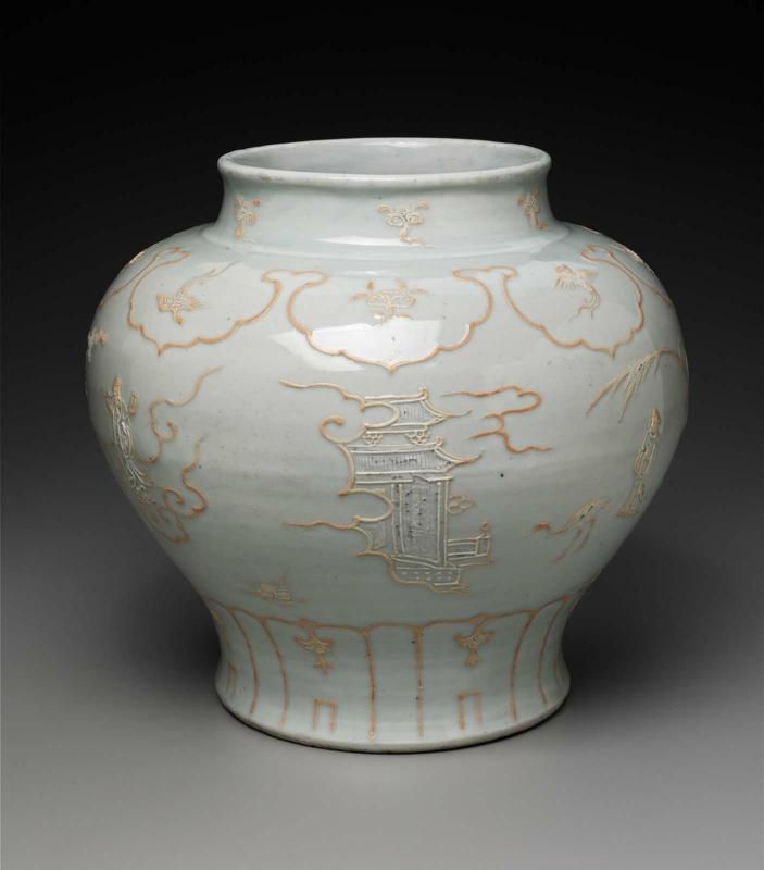 Large white porcelain jar with unglazed relief decoration of tales of Daoist immortals