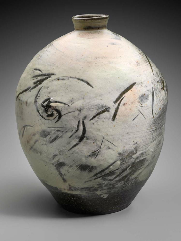 Punchong jar with finger drawing and ash glaze