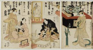 Actors Celebrating New Year: Iwai Hanshirô V (R), Ichikawa Danjûrô VIII (C), Matsumoto Kôshirô V, and Segawa Kikunojô V (L)