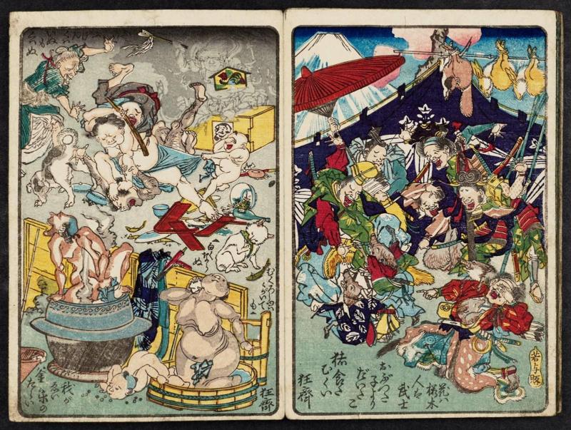 As the Cherry Is To Flowers, the Samurai Is To Men (Hana wa sakuragi, hito wa bushi), The Child in the Arms is More Precious Than the One Carried on the Back (Obutta ko yori daita ko), Retribution for Eating Game (Shishi kutta mukui) (R); When a Married Couple Fight the Dog Won't Take A Bite (Fûfu genka wa inu mo kuwanu), However You Scrub Them Black Soapnuts Don't Turn White (Mukuroshu wa migaite mo shiroku naranu), There's No Place LIke Home Even If the Kettle Doubles as a Tub (Waga ei raku no kama tarai) (L); from the series One Hundred Pictures by Kyôsai (Kyôsai hyakuzu)