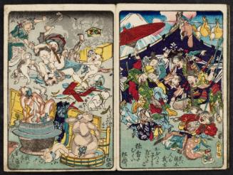 As the Cherry Is To Flowers, the Samurai Is To Men (Hana wa sakuragi, hito wa bushi), The Child in the Arms is More Precious Than the One Carried on the Back (Obutta ko yori daita ko), Retribution for Eating Game (Shishi kutta mukui) (R); When a Married Couple Fight the Dog Won't Take A Bite (Fûfu genka wa inu mo kuwanu), However You Scrub Them Black Soapnuts Don't Turn White (Mukuroshu wa migaite mo shiroku naranu), There's No Place LIke Home Even If the Kettle Doubles as a Tub (Waga ei raku no kama tarai) (L); from the series One Hundred Pictures by Kyôsai (Kyôsai hyakuzu)