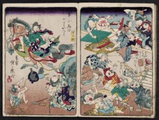 The Best Mochi [Ricecakes] Are Made by Mochi Specialists (Mochi wa mochiya), Pounding Mochi Dough with a Lantern (Chôchin de mochi o tsuku) (R); Changing from Riding an Ox to Riding a Horse (Ushi o uma ni norikaeru) (L); from the series One Hundred Pictures by Kyôsai (Kyôsai hyakuzu)