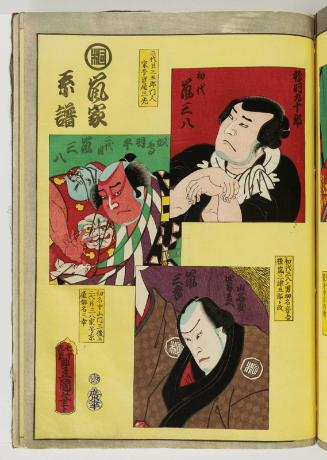 Actors Arashi Sanpachi I as the Cormorant Fisher (Ukasi) Kujûrô, Arashi Sanpachi II as the Footman (Yakko) Tobahei, and Arashi Sankô II as Yamanaya Shirobei, from the series Complete Compendium of Portraits of Actors Old and New (Kokon haiyû nigao taizen)