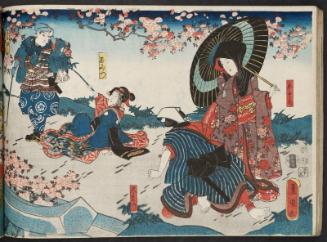 Actors Iwai Kumesaburô III as both Osome and Hisamatsu; Iwai Kumesaburô III as Omitsu and Ichikawa Kuzô II as a Monkey Trainer (Sarumawashi), No. 33 from an untitled series