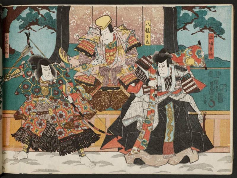 Actors Sawamura Chôjûrô V as Abe no Sadatô, Arashi Kichisaburô III as Hachimantarô, and Seki Sanjûrô III as Abe no Munetô, No. 34 from an untitled series