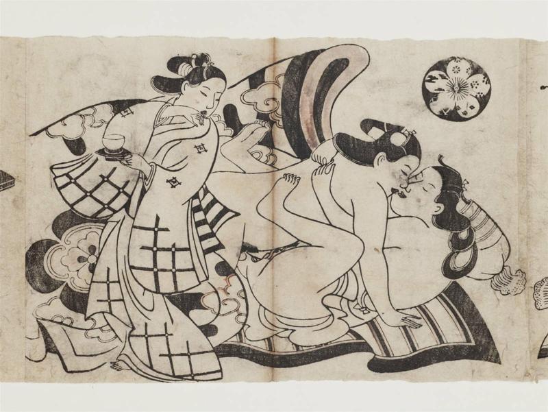 Young Couple and Child Attendant with Tea, from an untitled erotic series with courtesan crests