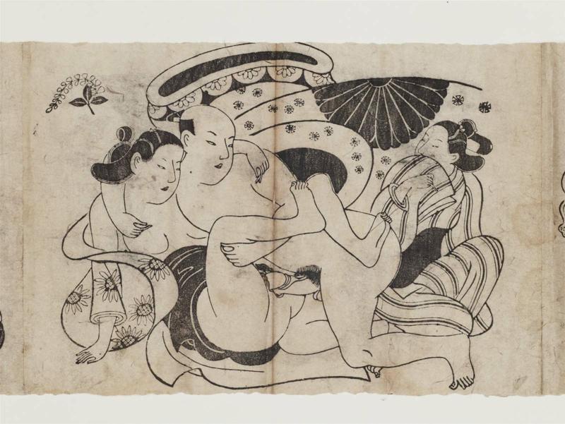 Couple and Female Attendant, from an untitled erotic series with courtesan crests