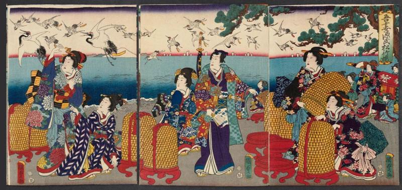 Pine, Bamboo, and Plum for Eastern Genji (Azuma Genji shôchikubai): Parody of Yoritomo Releasing Cranes at Yuigahama