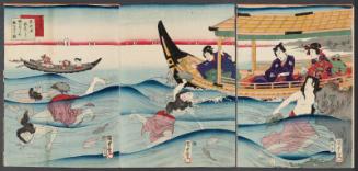 Rustic Genji's Poetry Contest: Mitsuuji's Excursion to the Seaside to See Abalone Diving (Inaka Genji shikishi awase, Mitsuuji umibe ni te awabi o torase yûran no zu)