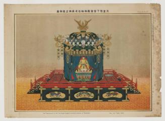 His Majesty the Emperor Seated upon the Throne in the Shinshinden Palace at the Enthronement Ceremony (Tennô heika Shishinden gosokui-shiki mishô no Takamukura), from the series Commemorating the Imperial Ceremonies (Gotairei kinen)