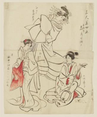 Picture of Three Beauties (Sannin bijin ga): A Courtesan of the Yoshiwara in Edo (Edo Yoshiwara tayû), a Geisha of Osaka (Ôsaka geiko), and a Geisha's Assistant from the Gion District of Kyoto (Kyô Gion nakai)