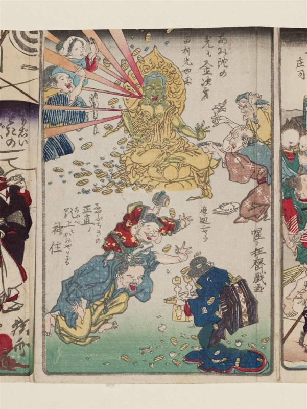 The Blessings of the Buddha Are in Proportion to the Offerings: The Buddha of Shining LIght (Amida no hikari mo kane shidai, Rurikô nyorai), A God LIves in the Head of an Honest Person (Shôjiki no kôbe ni kami yadoru), from the series One Hundred Pictures by Kyôsai (Kyôsai hyakuzu)
