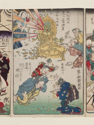 The Blessings of the Buddha Are in Proportion to the Offerings: The Buddha of Shining LIght (Amida no hikari mo kane shidai, Rurikô nyorai), A God LIves in the Head of an Honest Person (Shôjiki no kôbe ni kami yadoru), from the series One Hundred Pictures by Kyôsai (Kyôsai hyakuzu)