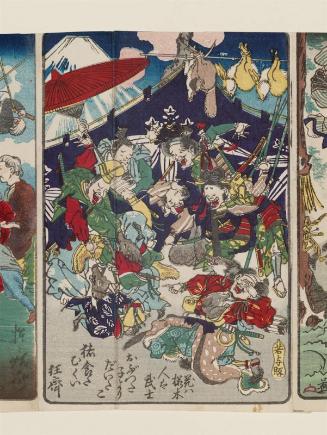 As the Cherry Is To Flowers, the Samurai Is To Men (Hana wa sakuragi, hito wa bushi), The Child in the Arms is More Precious Than the One Carried on the Back (Obutta ko yori daita ko), Retribution for Eating Game (Shishi kutta mukui), from the series One Hundred Pictures by Kyôsai (Kyôsai hyakuzu)