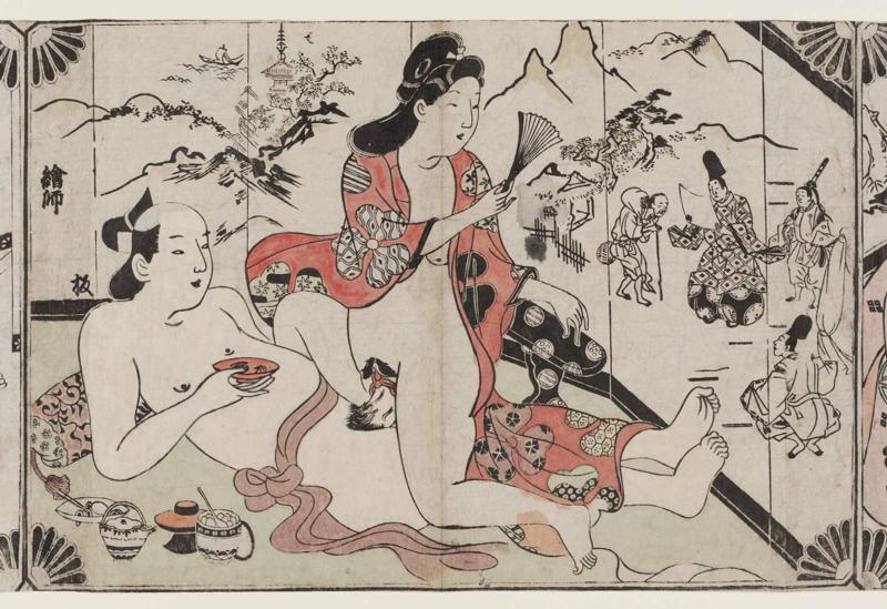 Couple Drinking Sake beside a Folding Screen, from an untitled erotic series