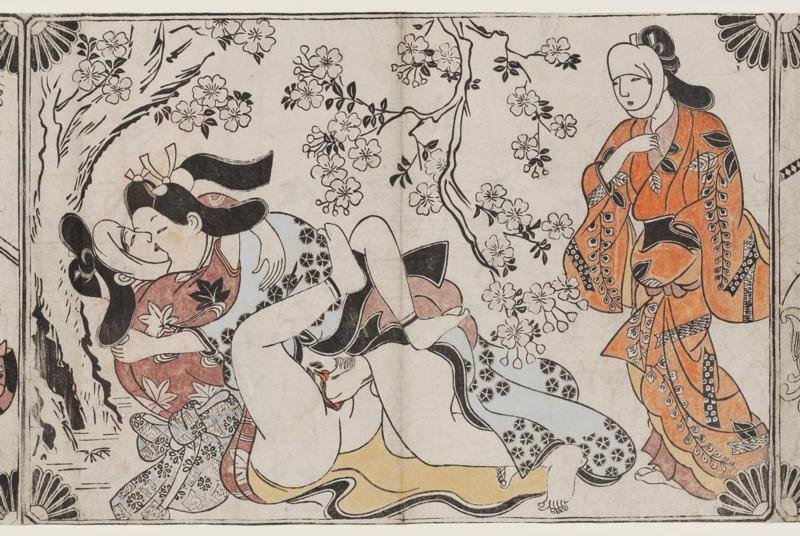 Young Couple and Female Observer at a Cherry Blossom Viewing Party, from an untitled erotic series
