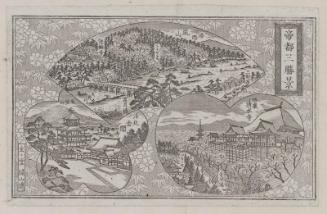Three Famous Scenes of the Imperial Capital: Arashiyama in Western Kyoto, Kiyomizu-dera in Eastern Kyoto, and Kinkaku-ji in Northern Kyoto (Teito san shôkei, Rakusai Arashiyama, Rakutô Kiyomizu-dera, Rakuhoku Kinkaku-ji)