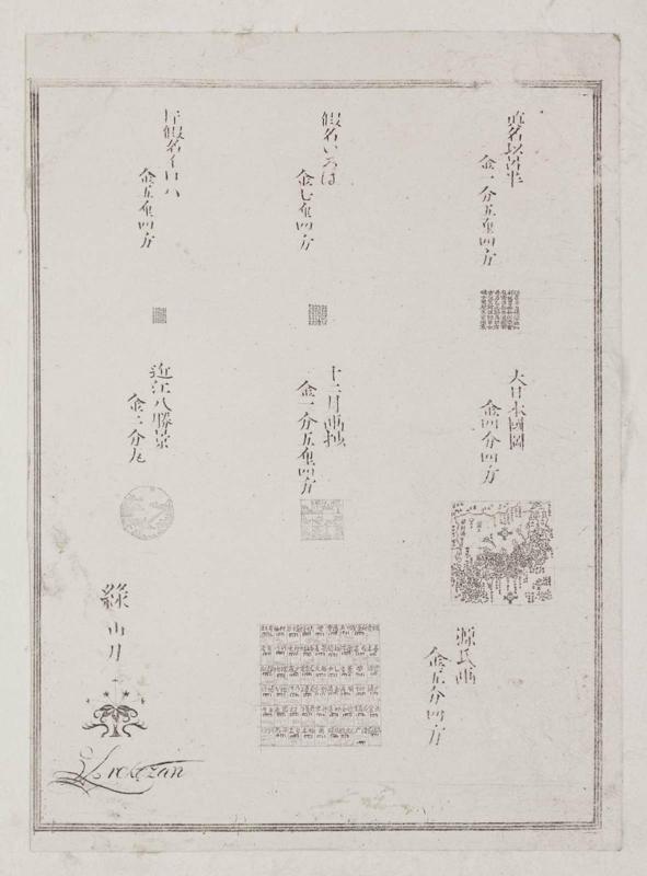 Miniature images (R to L, T to B): the Iroha Poem in Kanji (Mana iroha); the Iroha Poem in Hiragana (Kana iroha); the Iroha Poem in Katakana (Katakana iroha); Map of the Provinces of Japan (Dai Nihon kokuzu); Pictures of the Twelve Months (Jûni tsuki gashô); Eight Fine Views of Ômi (Ômi hachi shôkei); Genji Pictures (Genji ga)