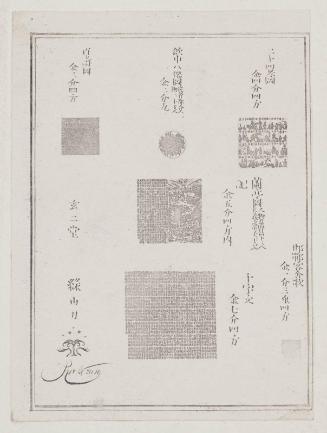 Miniature images of Chinese subjects (R to L, T to B): The Twenty-four Paragons of Filial Piety (Jûnishi kô zu); the Eight Immortals of the Winecup (Inchû hassen zu); 100 Variants of the Character for Long LIfe (Hyaku ju zu); the Orchid Pavilion (Rantei zu); the Thousand-character Classic (Senjimon)