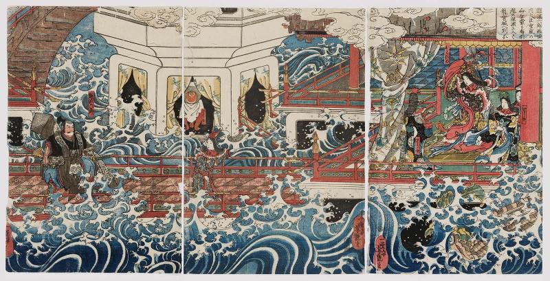 Nanba Rokurô Tsunetô, by Order of Naidaijin Shigemori, Enters the Pool of Nunobiki Waterfall and Comes to the Dragon Palace (Nanba Rokurô Tsunetô Naidaijin Shigemori no mei o kômuri Nunobiki taki no shin'en ni haitte Ryûgûjô e itaru)
