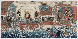 Nanba Rokurô Tsunetô, by Order of Naidaijin Shigemori, Enters the Pool of Nunobiki Waterfall and Comes to the Dragon Palace (Nanba Rokurô Tsunetô Naidaijin Shigemori no mei o kômuri Nunobiki taki no shin'en ni haitte Ryûgûjô e itaru)