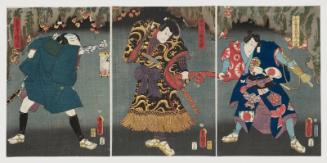 Actors Kawarazaki Gonjûrô I as Sanza's brother Nagoya Sanpei (R), Bandô Kamezô I as the Thief (Tôzoku) Kojigokutarô (C), and Nakamura Shikan IV as Nagoya shita Sarujirô (L)