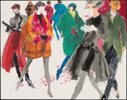 Eight female models in fall coats from different French fashion houses