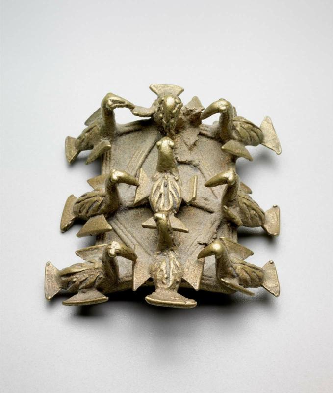 Gold Weight in the form of a War Dance Shield with Decorations and Nine birds