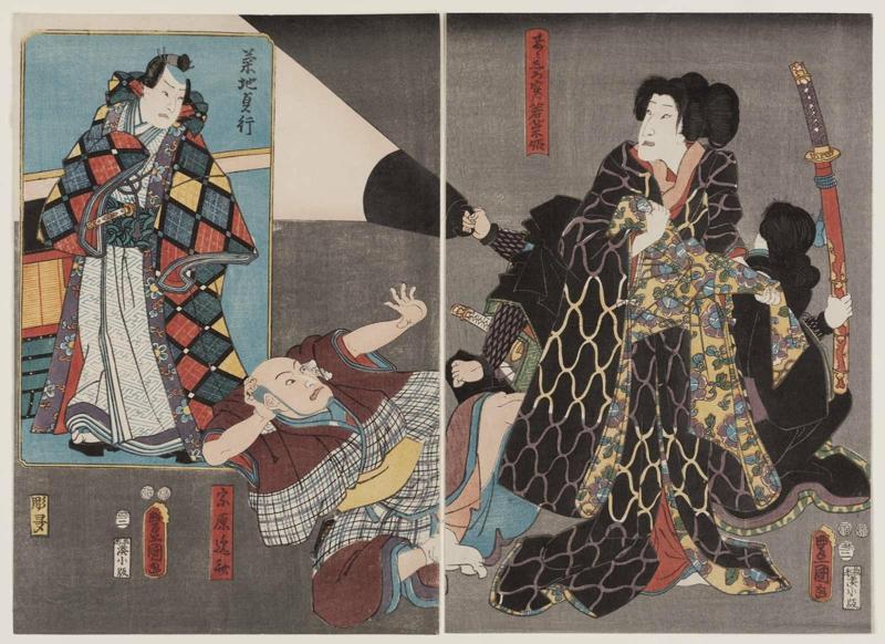 Actors Bandô Shûka I as Suzushiro, actually Wakana-hime (R), Arashi Rikan III as Kikuchi Sadayuki, and Arashi Kangorô I as Munehara Issai (L)