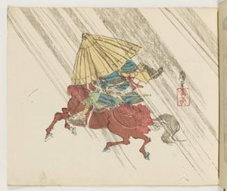 Armored Warrior with Umbrella Riding in Rain