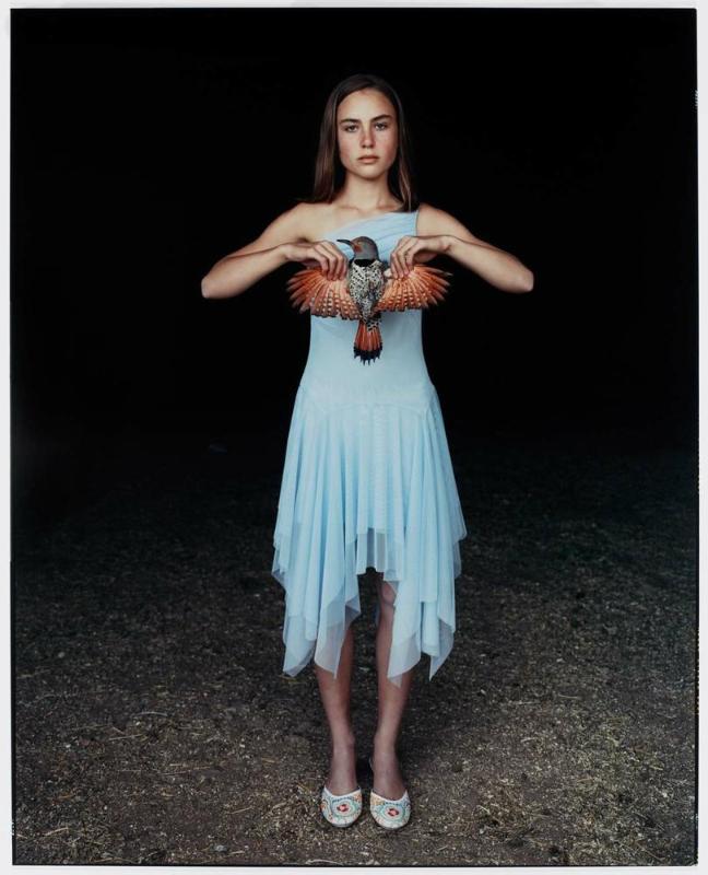 Mattie with a Northern Red-Shafted Flicker in Her Eighth Grade Graduation Dress, Laverty Ranch, Custer County, Idaho, March