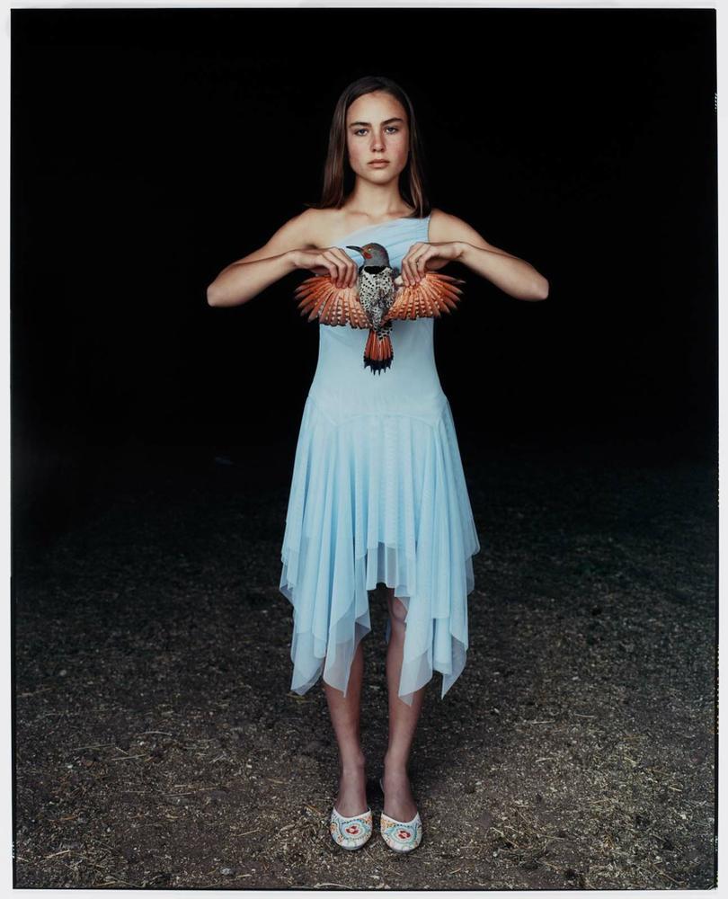 Mattie with a Northern Red-Shafted Flicker in Her Eighth Grade Graduation Dress, Laverty Ranch, Custer County, Idaho, March