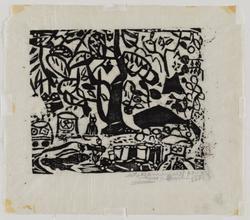 Cat under a Tree, by a Stream with Fish