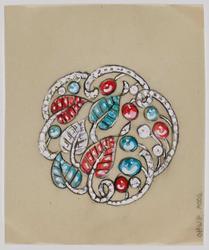 Design for scallop-shaped brooch with floral motif for Seaman Schepps