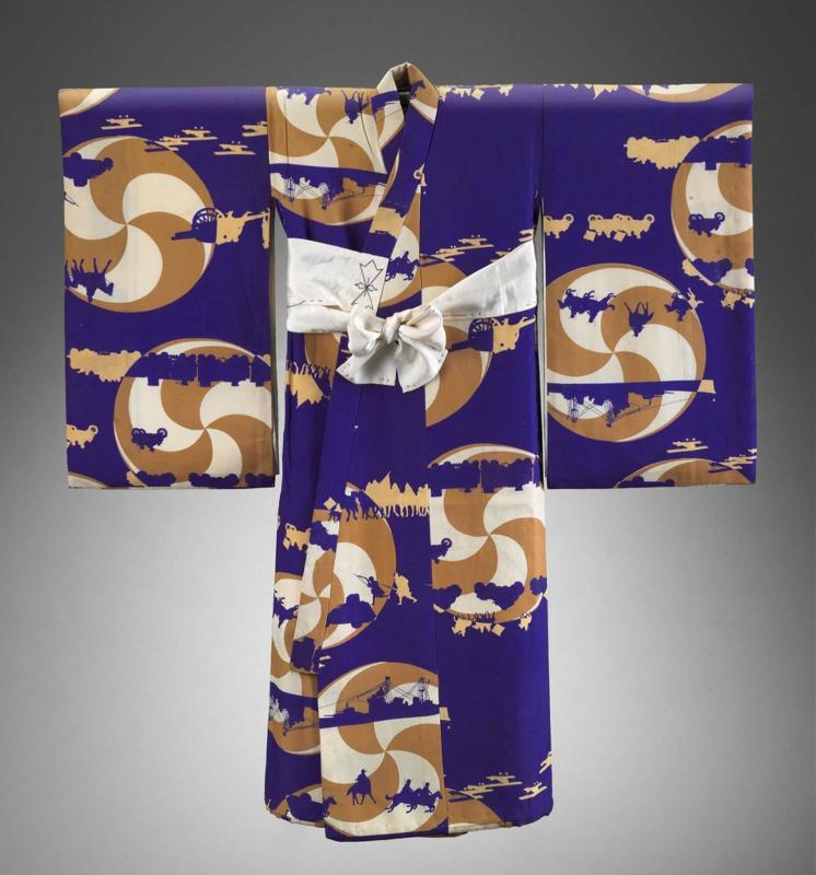 Fourteen (14) Japanese propaganda-print garments and one obi