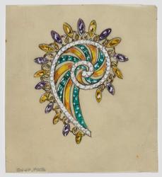 Jewelry design for Seaman Schepps of brooch in swirling "nautilus" design