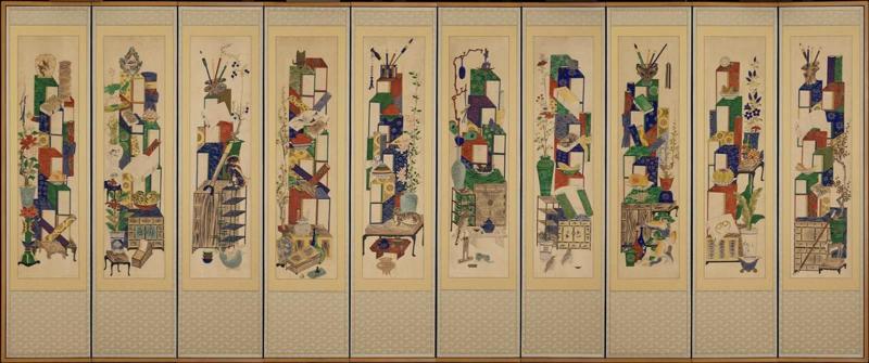 Screen with books and scholar's objects