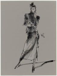 Female model in pin-striped jacket and long skirt 