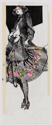 Female model in black jacket and black skirt with rose print on hem