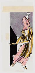 Female model in pink gown with rope and gold apron