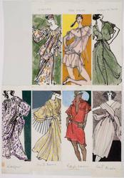 Seven female models in dresses and other summer clothes, drawn separately for windowpane treatment