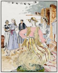 Five female models in sportswear of cotton or linen posing in Southwest-inspired environment with tumbleweed